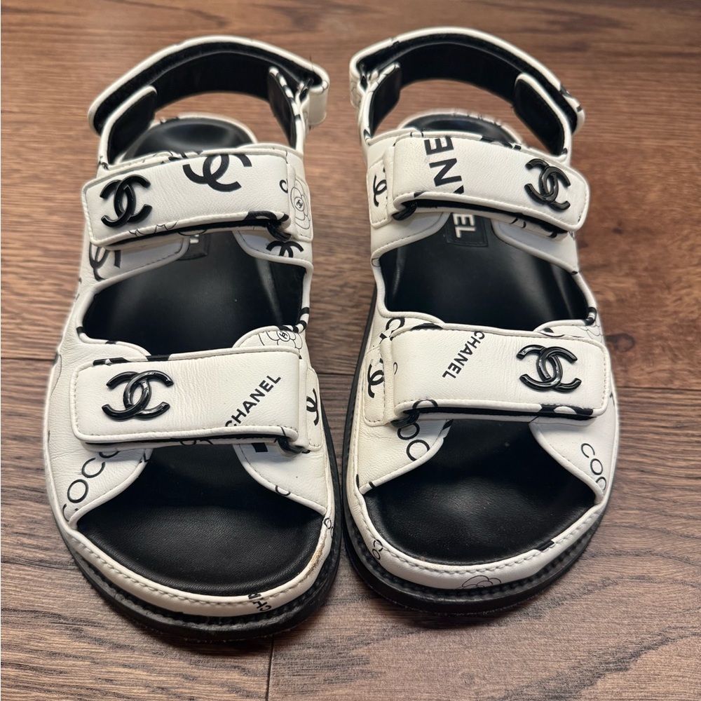 CHANEL Black and White Logo Dad Sandals